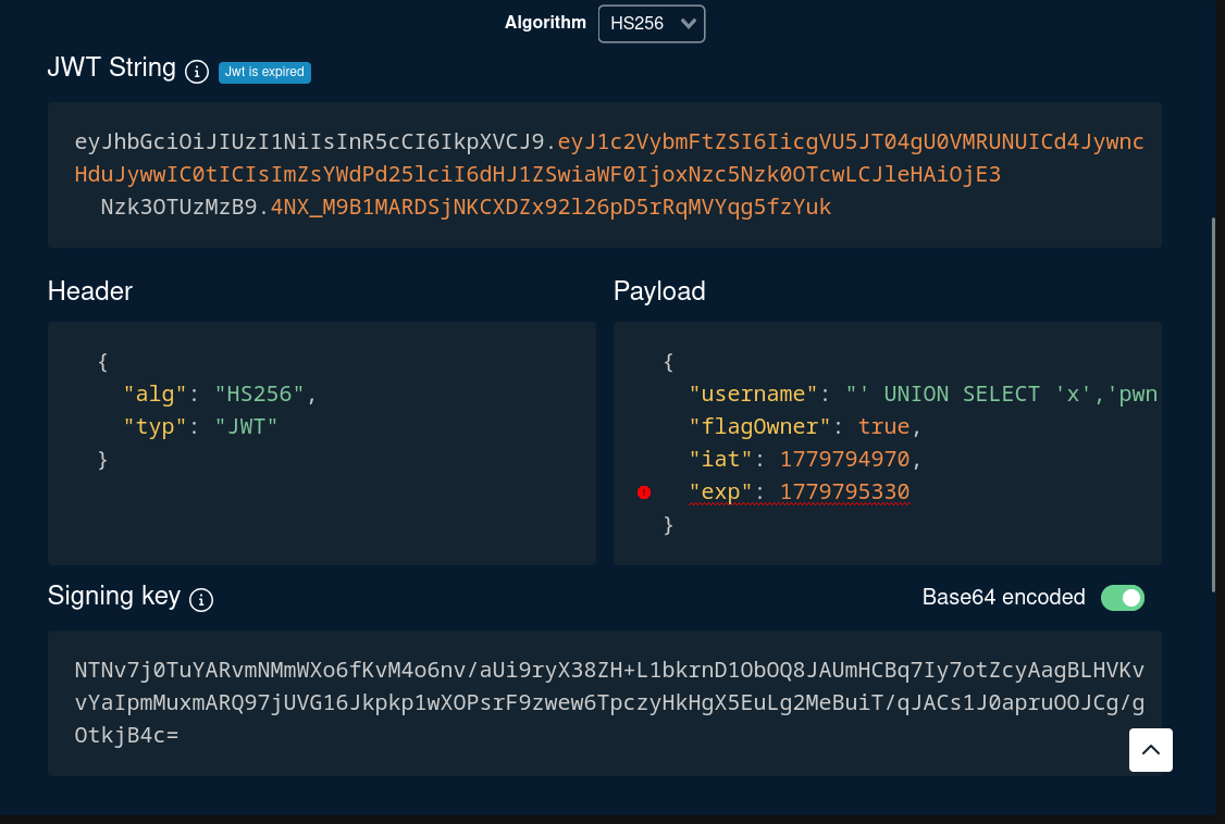 Decoded JWT showing our injected username