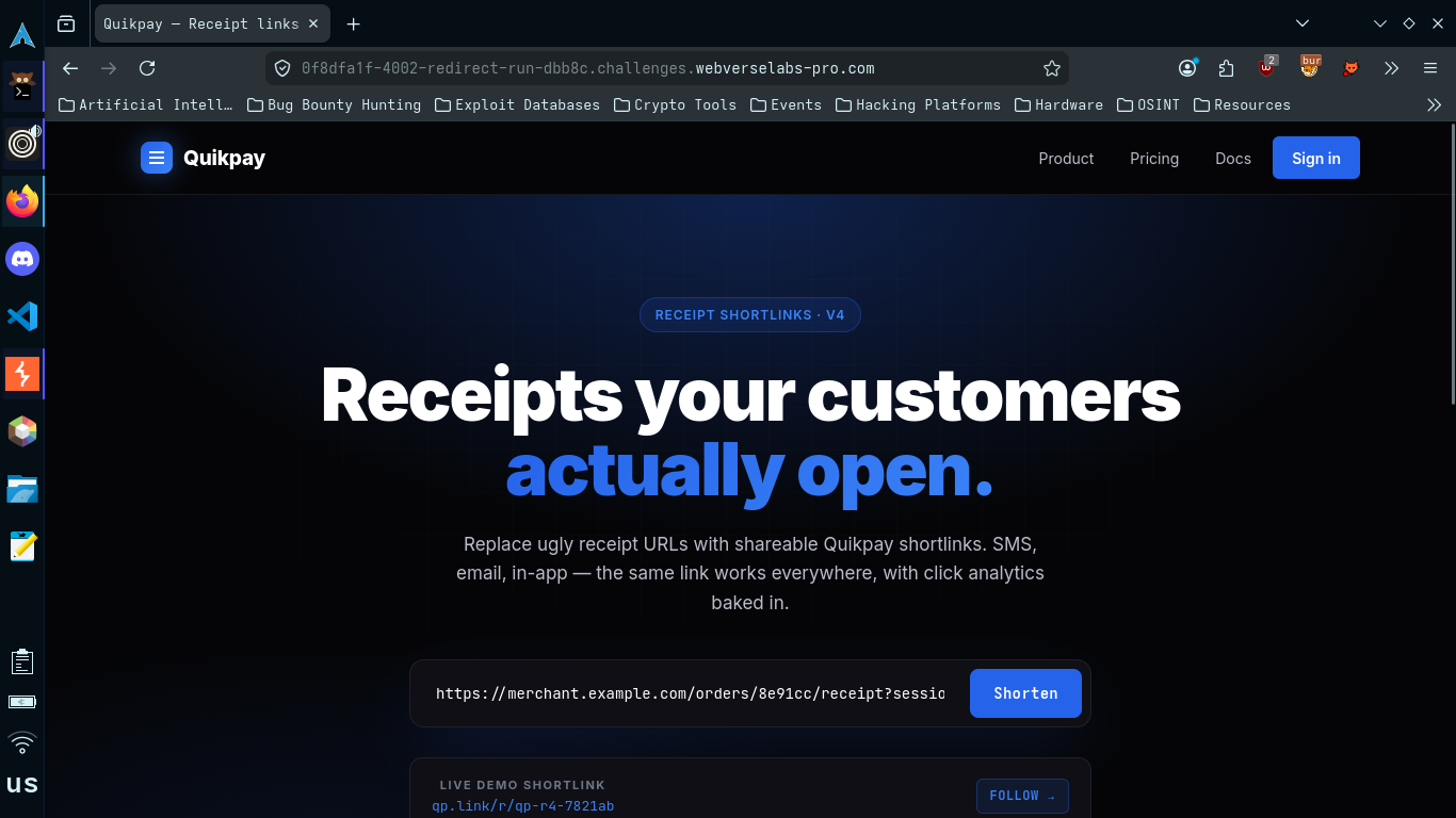 Quikpay landing page with shortlink
